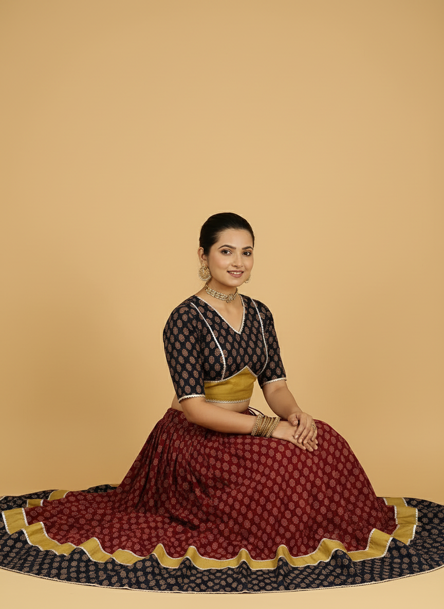 Navratna x Tyohaar Lehenga Set, in Red 100% Cotton - Block Printed, featuring elbow sleeves and v-neckline (view 4).