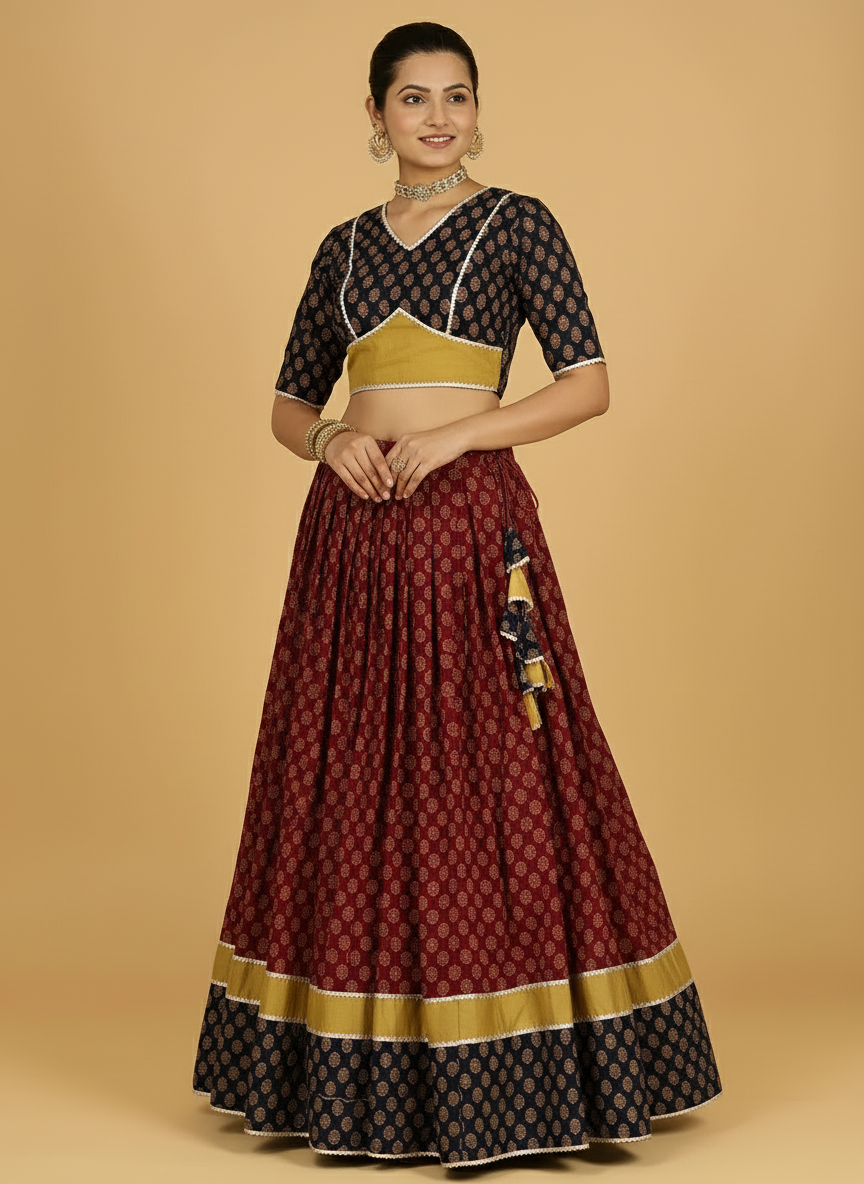 Navratna x Tyohaar Lehenga Set, in Red 100% Cotton - Block Printed, featuring elbow sleeves and v-neckline (view 5).