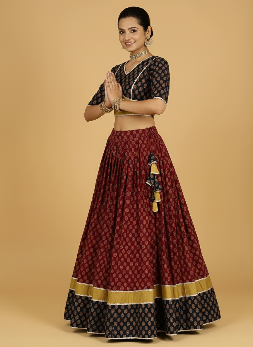 Navratna x Tyohaar Lehenga Set, in Red 100% Cotton - Block Printed, featuring elbow sleeves and v-neckline (view 6).