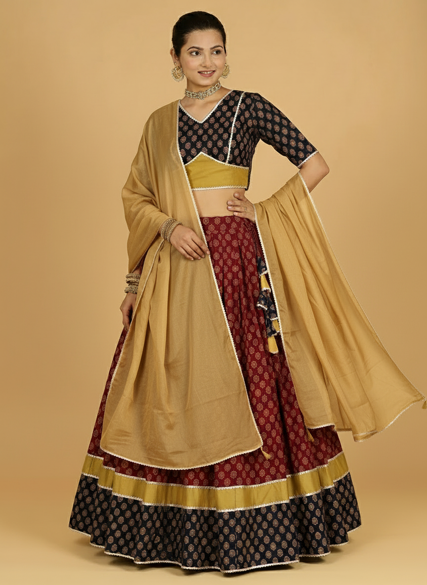 Navratna x Tyohaar Lehenga Set, in Red 100% Cotton - Block Printed, featuring elbow sleeves and v-neckline (view 8).