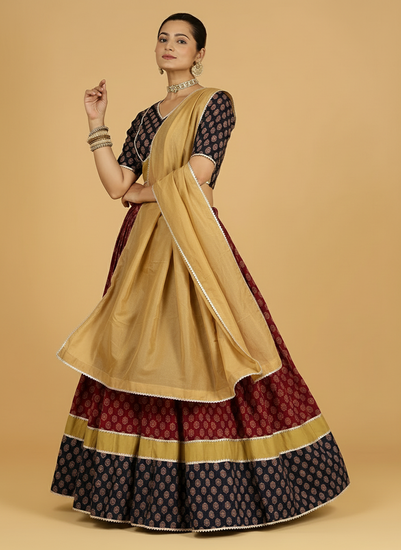 Navratna x Tyohaar | Black & Red Navratri Handblock Printed Lehenga Set-Binks