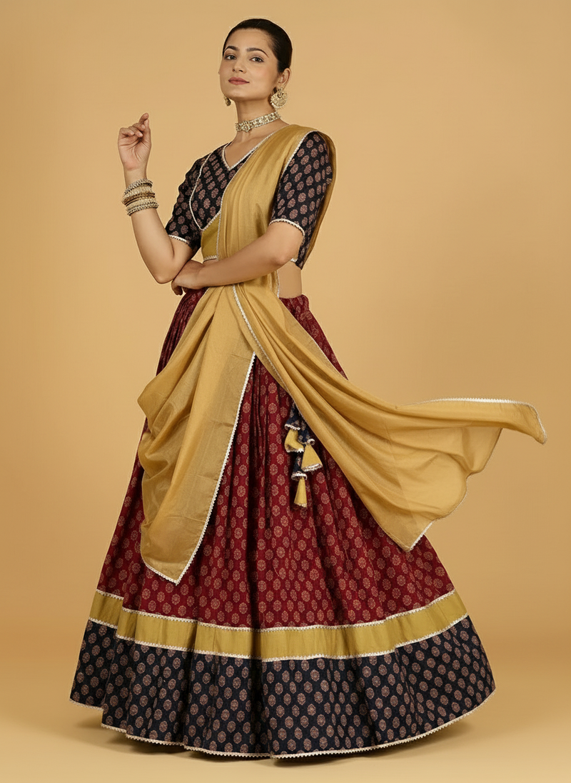 Navratna x Tyohaar | Black & Red Navratri Handblock Printed Lehenga Set-Binks