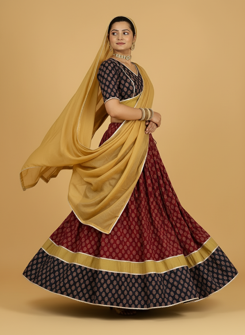 Navratna x Tyohaar | Black & Red Navratri Handblock Printed Lehenga Set-Binks