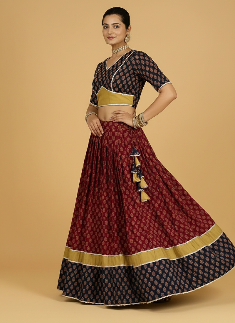 Navratna x Tyohaar | Black & Red Navratri Handblock Printed Lehenga Set-Binks