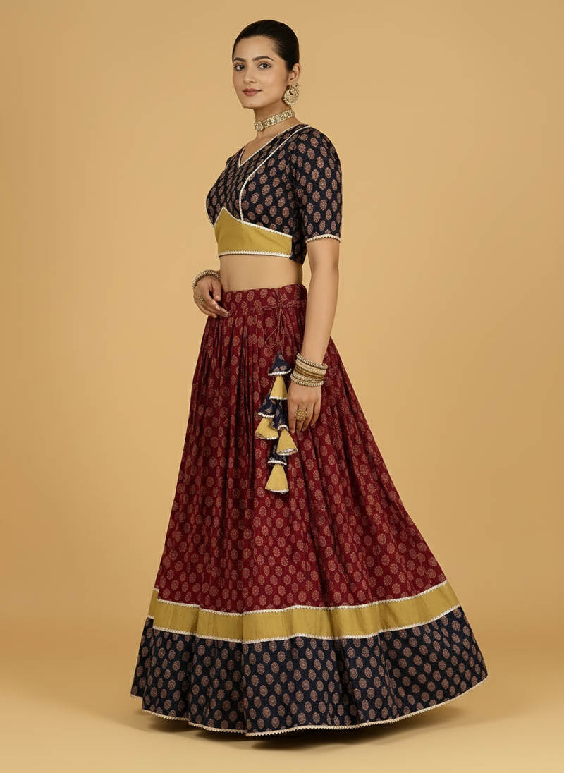 Navratna x Tyohaar | Black & Red Navratri Handblock Printed Lehenga Set-Binks