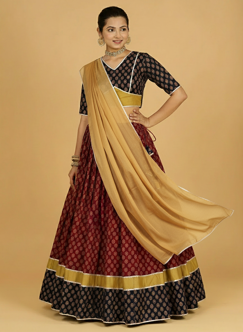 Navratna x Tyohaar | Black & Red Navratri Handblock Printed Lehenga Set-Binks