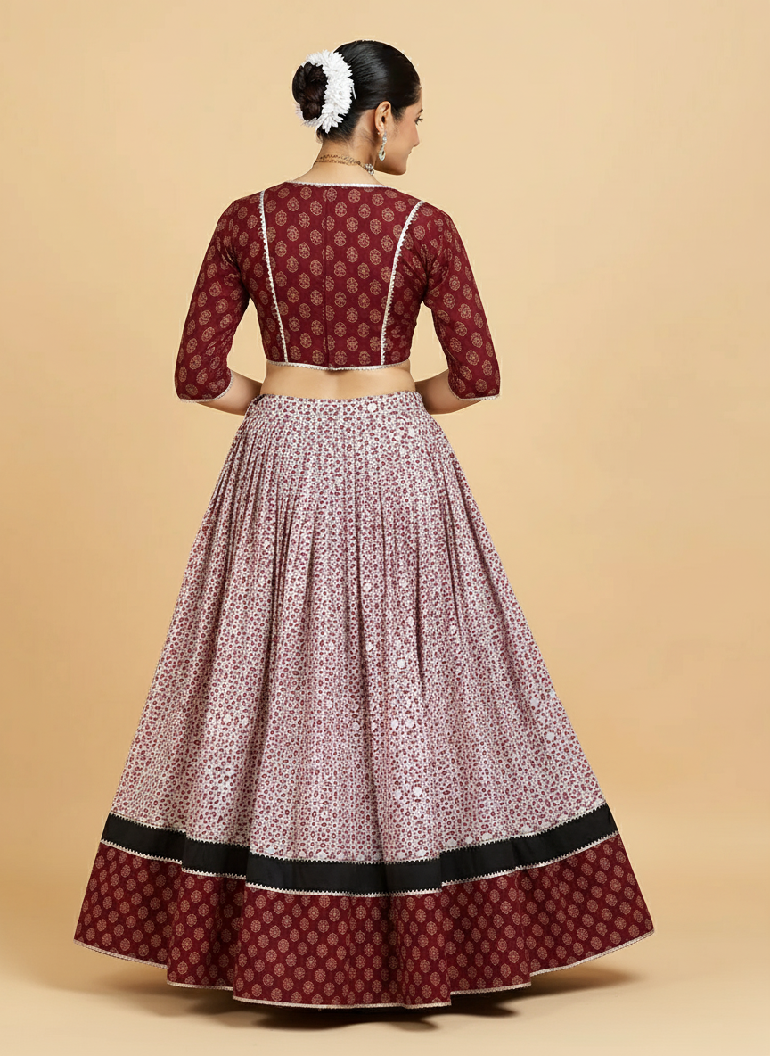 Nidheesh x Tyohaar Lehenga Set, in Red 100% Cotton - Block Printed, featuring elbow sleeves and v-neckline (view 2).