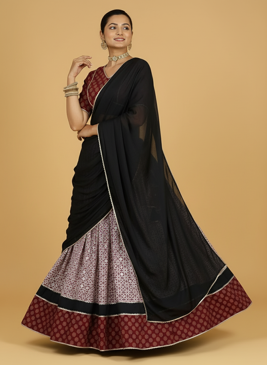 Nidheesh x Tyohaar Lehenga Set, in Red 100% Cotton - Block Printed, featuring elbow sleeves and v-neckline (view 5).