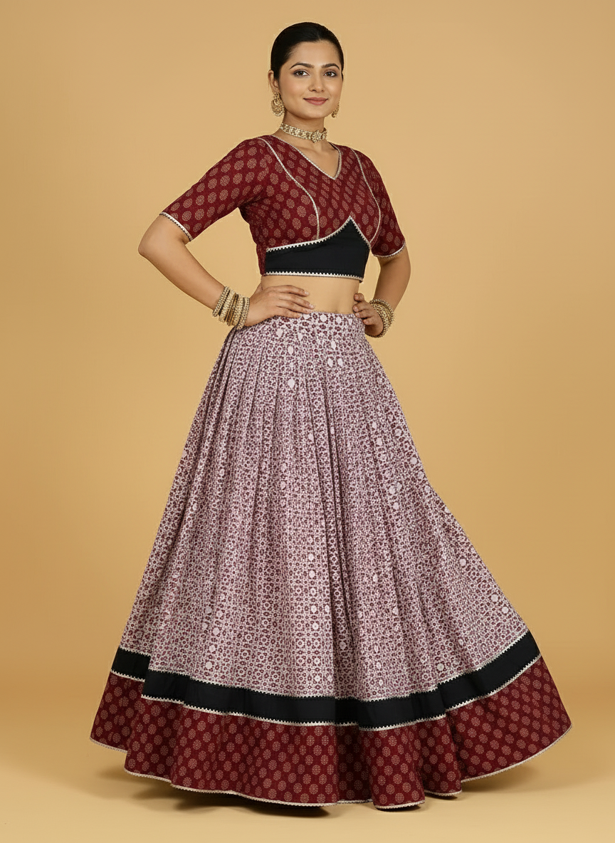 Nidheesh x Tyohaar Lehenga Set, in Red 100% Cotton - Block Printed, featuring elbow sleeves and v-neckline (view 7).