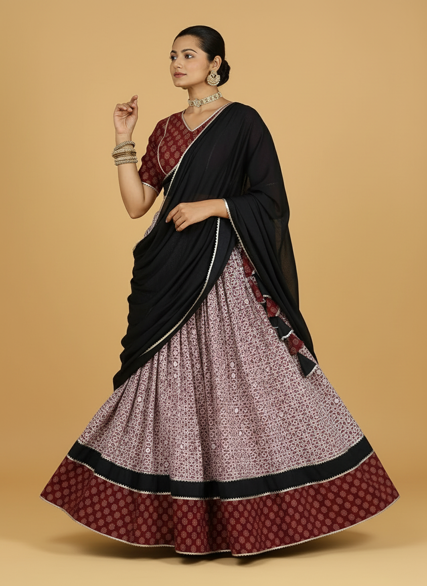 Nidheesh x Tyohaar Lehenga Set, in Red 100% Cotton - Block Printed, featuring elbow sleeves and v-neckline (view 8).