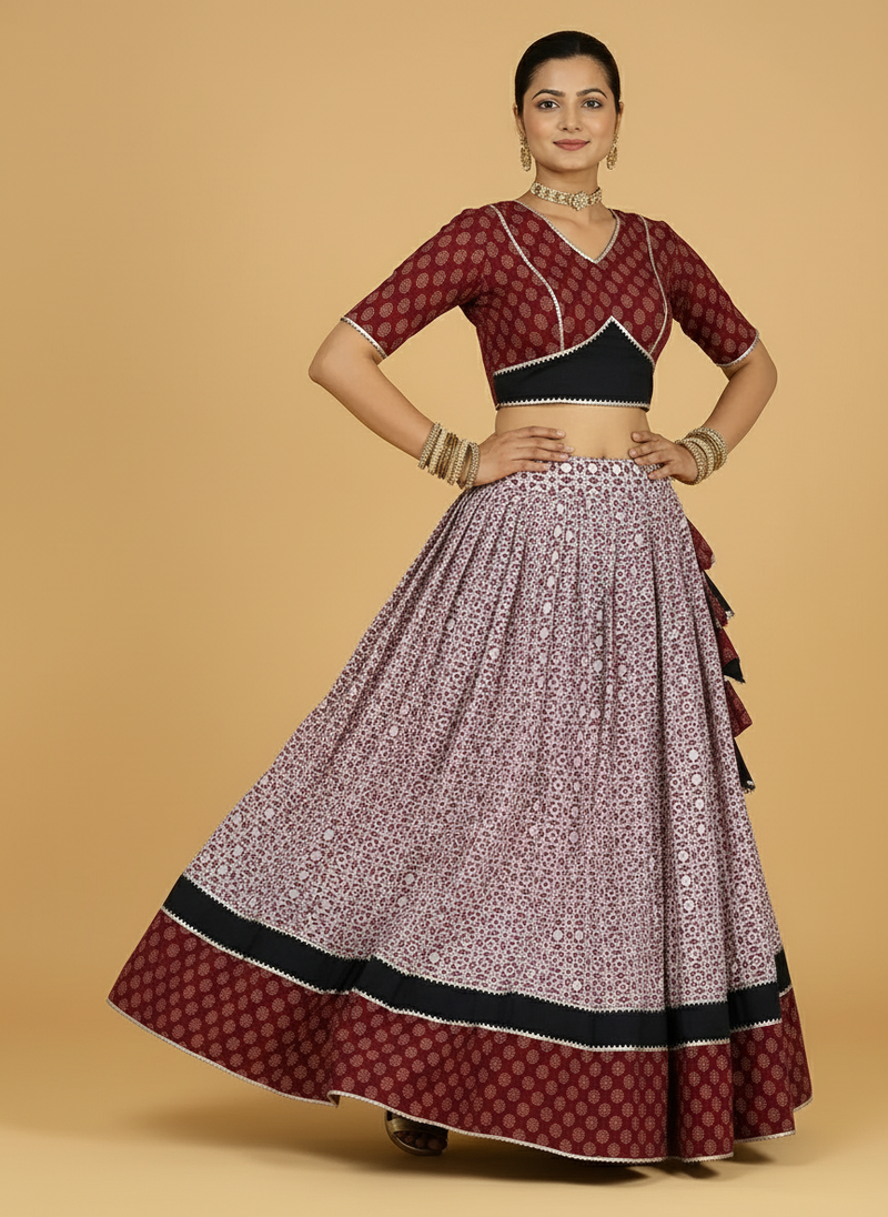 Nidheesh x Tyohaar | White & Red Navratri Handblock Printed Lehenga Set-Binks