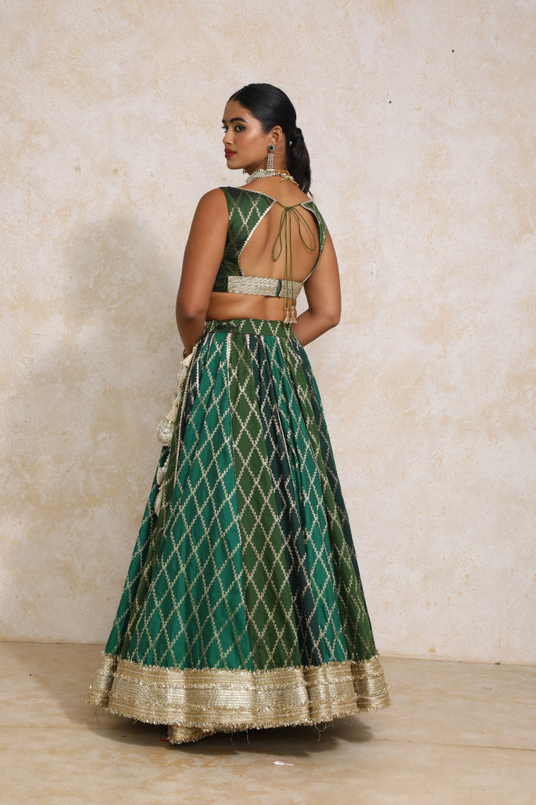 Parizad x Tyohaar Lehenga Set, in Green Viscose Silk Brocade, featuring sleeveless and sweetheart neckline (view 2).