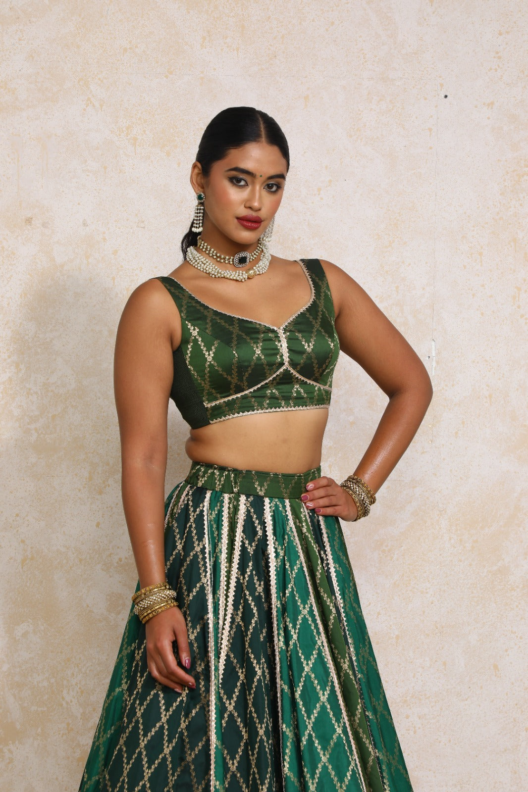 Parizad x Tyohaar Lehenga Set, in Green Viscose Silk Brocade, featuring sleeveless and sweetheart neckline (view 8).