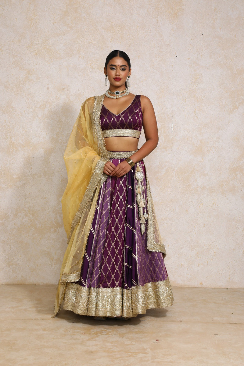 Raahi x Tyohaar | Purple Vine Mesh Brocade FlareFit™ Lehenga Set with Dupatta-Binks