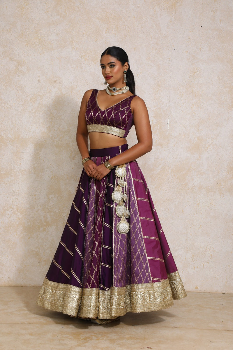 Raahi x Tyohaar | Purple Vine Mesh Brocade FlareFit™ Lehenga Set with Dupatta-Binks