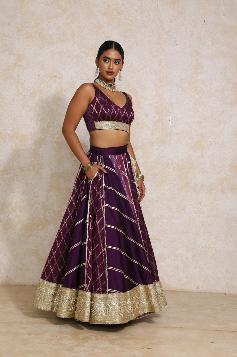 Raahi x Tyohaar | Purple Vine Mesh Brocade FlareFit™ Lehenga Set with Dupatta-Binks