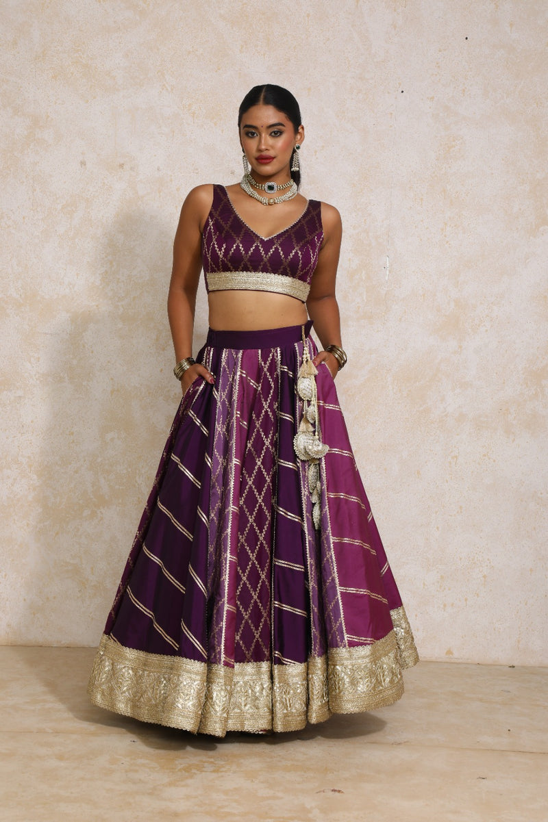 Raahi x Tyohaar | Purple Vine Mesh Brocade FlareFit™ Lehenga Set with Dupatta-Binks