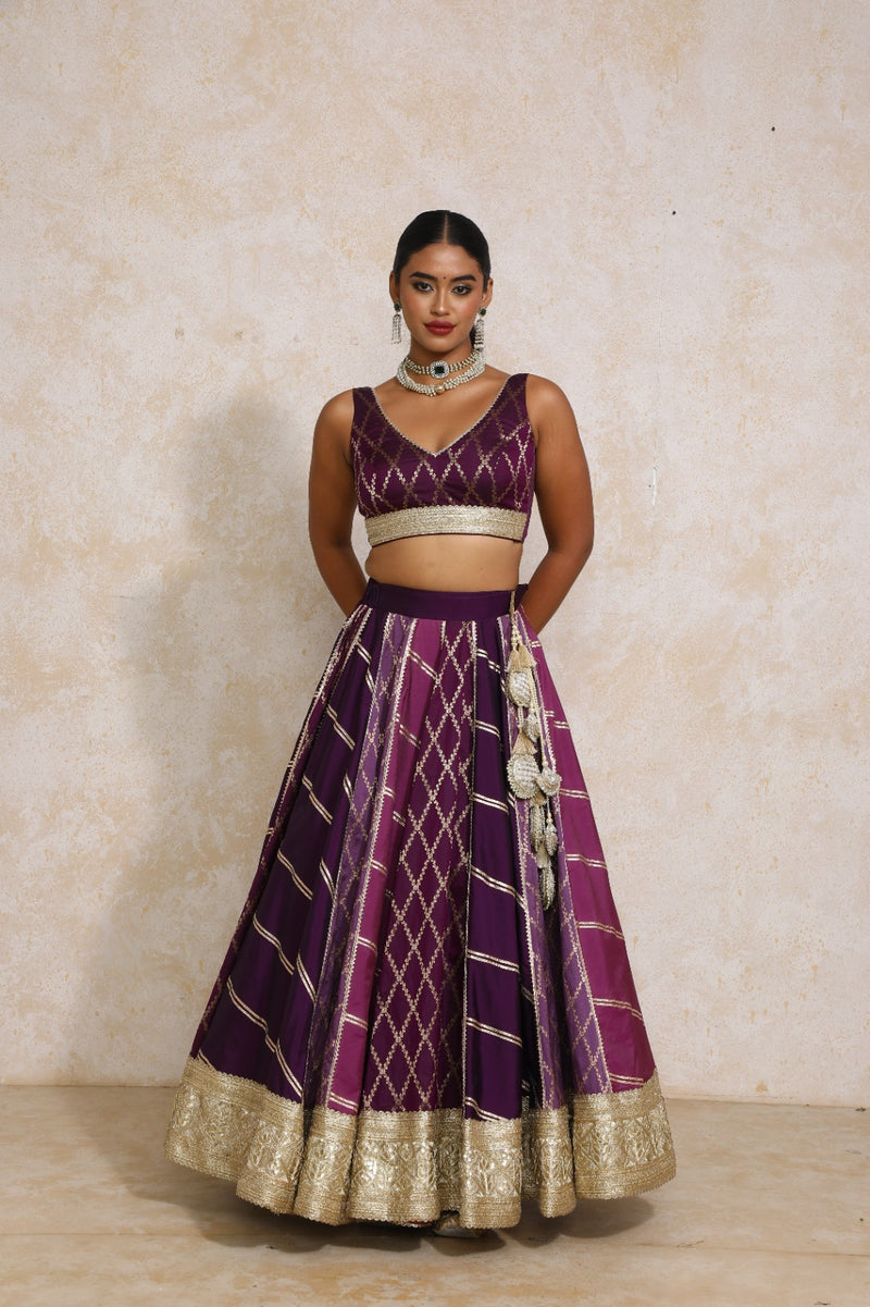 Raahi x Tyohaar | Purple Vine Mesh Brocade FlareFit™ Lehenga Set with Dupatta-Binks