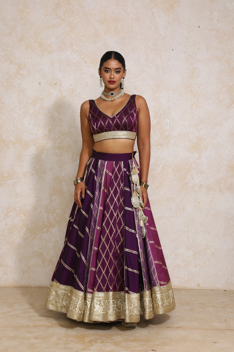 Raahi x Tyohaar | Purple Vine Mesh Brocade FlareFit™ Lehenga Set with Dupatta-Binks