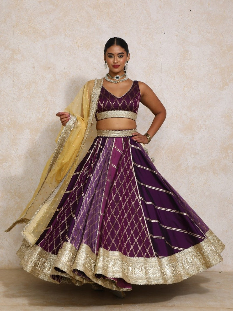 Raahi x Tyohaar | Purple Vine Mesh Brocade FlareFit™ Lehenga Set with Dupatta-Binks