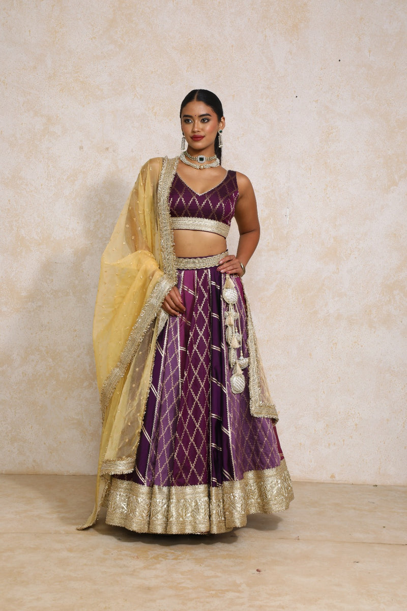 Raahi x Tyohaar | Purple Vine Mesh Brocade FlareFit™ Lehenga Set with Dupatta-Binks