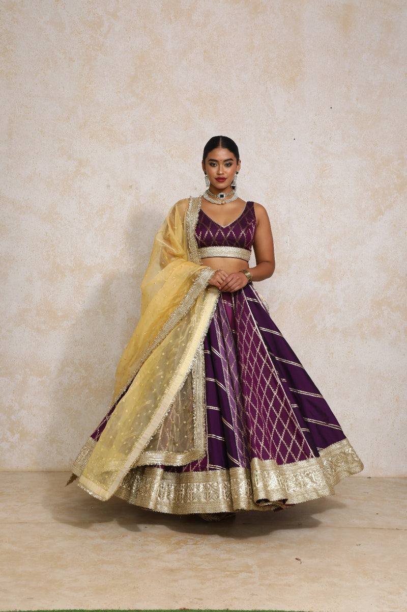 Raahi x Tyohaar | Purple Vine Mesh Brocade FlareFit™ Lehenga Set with Dupatta-Binks