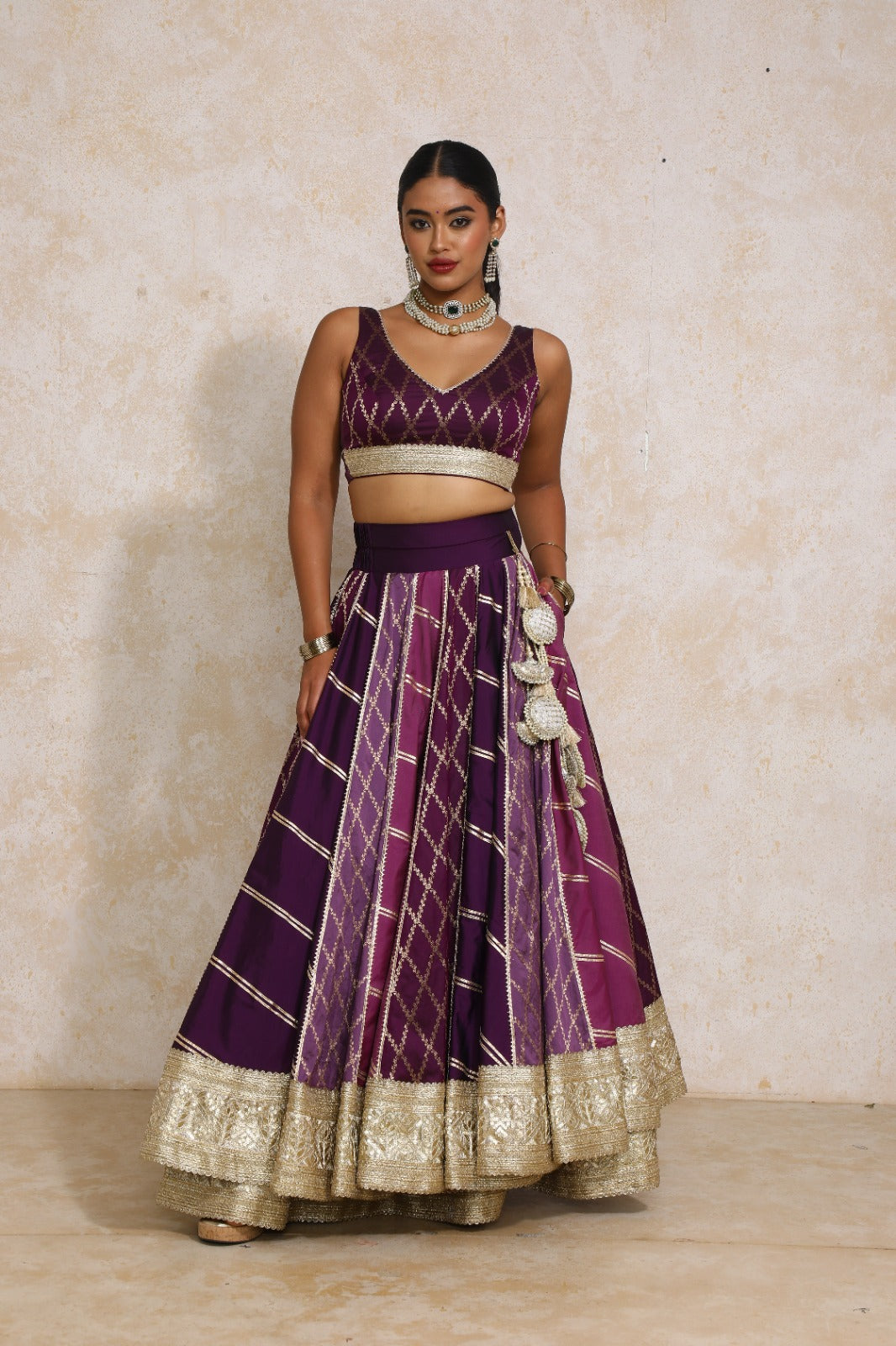 Raahi x Tyohaar Lehenga Set, in Purple Viscose Silk Brocade, featuring sleeveless and curved v-neckline (view 7).
