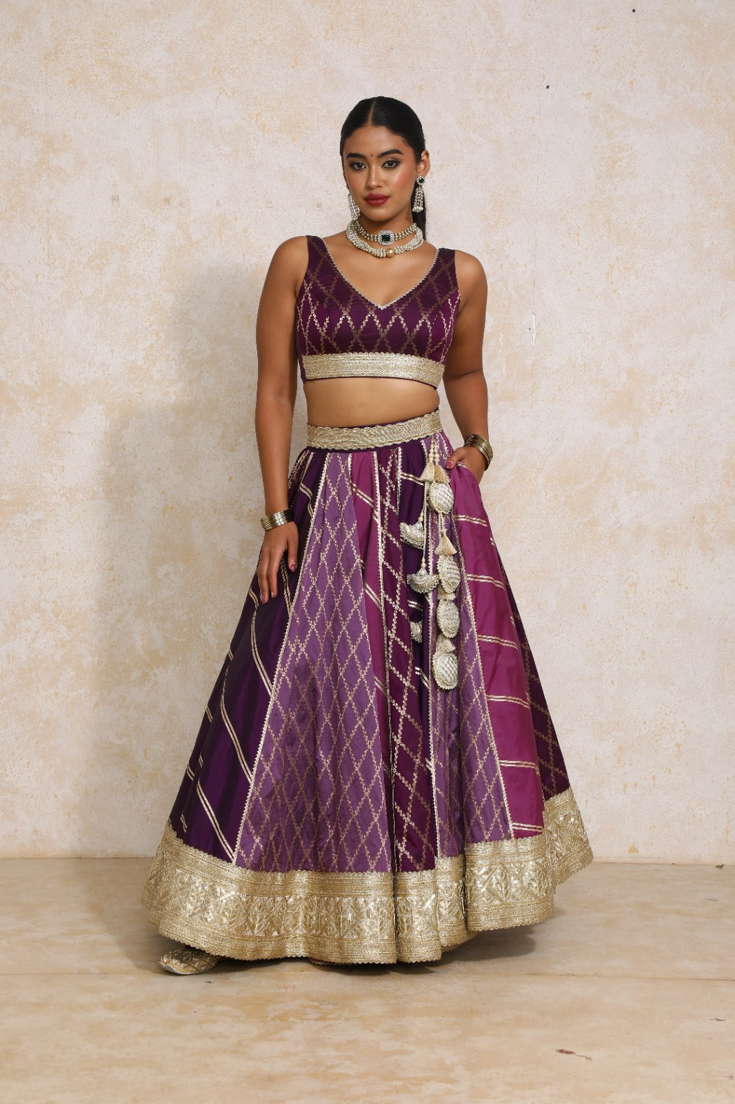 Raahi x Tyohaar Lehenga Set, in Purple Viscose Silk Brocade, featuring sleeveless and curved v-neckline (view 8).