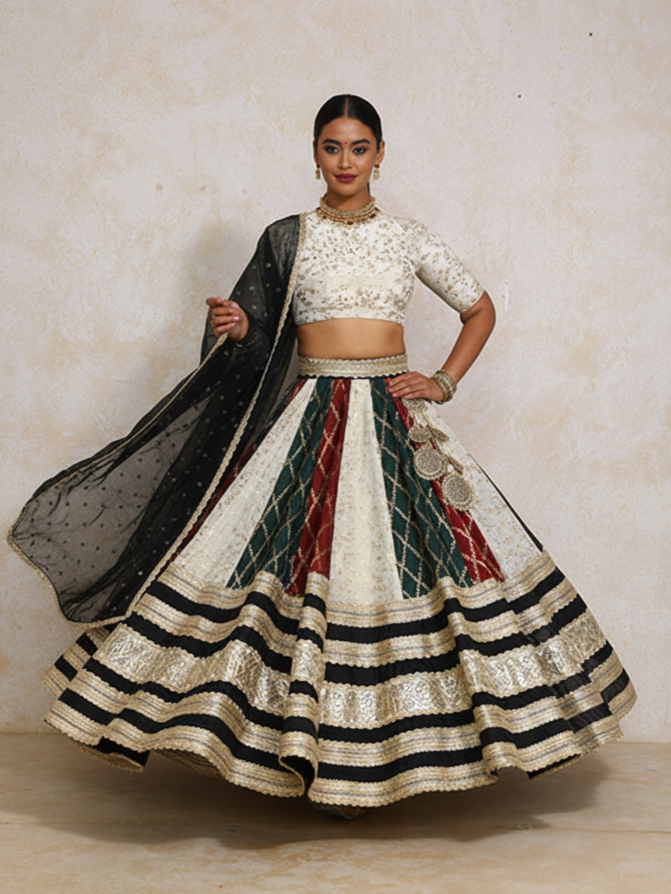 Radha x Tyohaar | Maroon & Black Vine Mesh Brocade FlareFit™ Lehenga Set with Dupatta-Binks