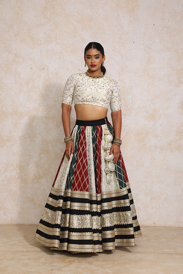 Radha x Tyohaar | Maroon & Black Vine Mesh Brocade FlareFit™ Lehenga Set with Dupatta-Binks