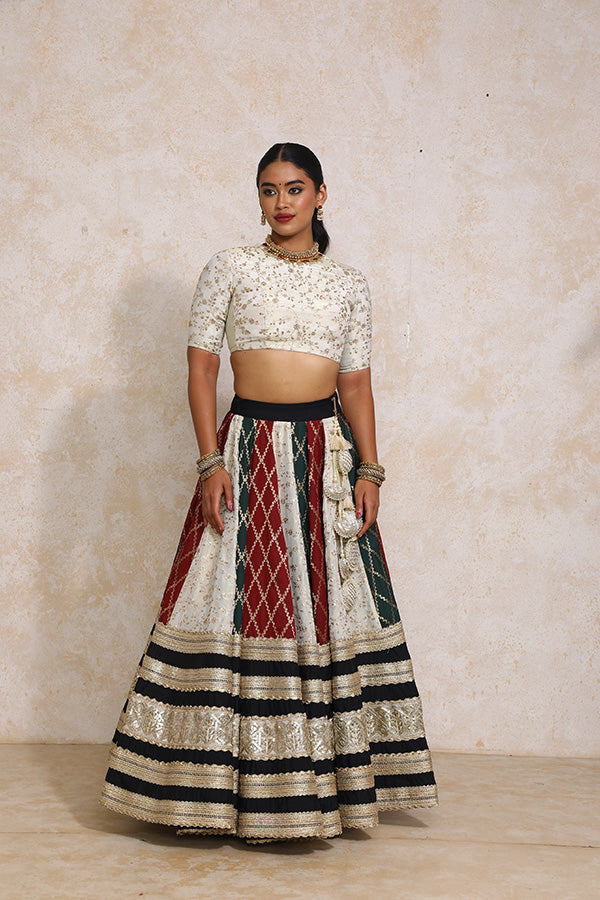 Radha x Tyohaar | Maroon & Black Vine Mesh Brocade FlareFit™ Lehenga Set with Dupatta-Binks