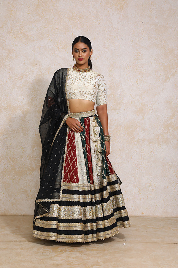 Radha x Tyohaar | Maroon & Black Vine Mesh Brocade FlareFit™ Lehenga Set with Dupatta-Binks