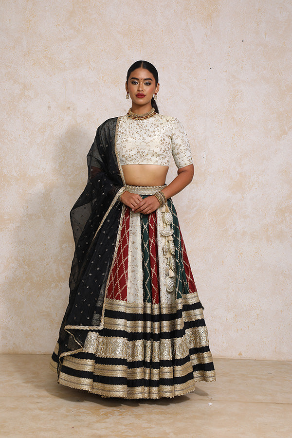Radha x Tyohaar | Maroon & Black Vine Mesh Brocade FlareFit™ Lehenga Set with Dupatta-Binks