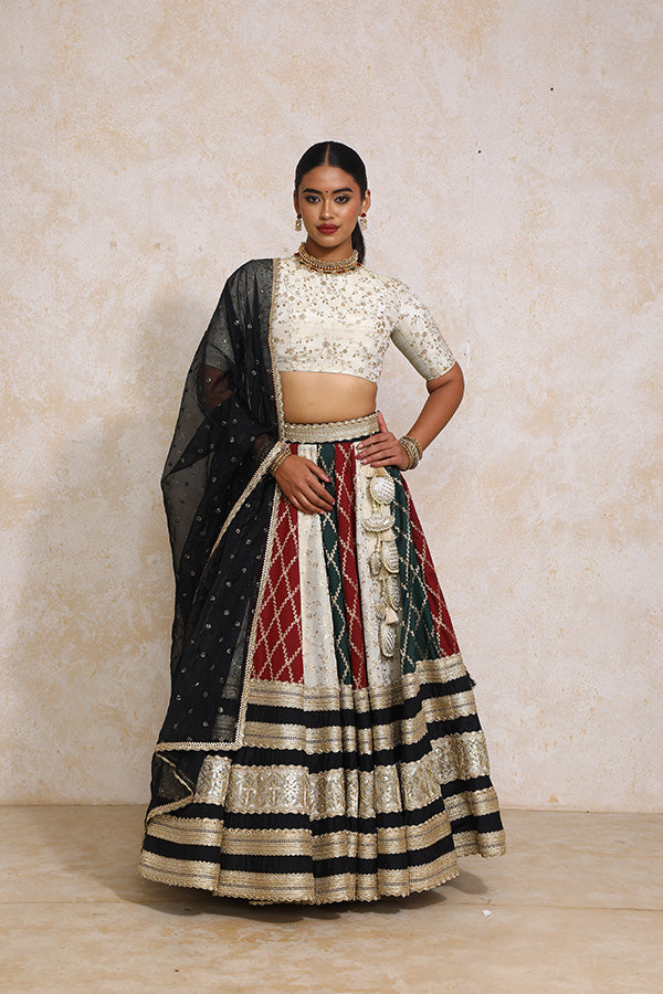 Radha x Tyohaar | Maroon & Black Vine Mesh Brocade FlareFit™ Lehenga Set with Dupatta-Binks