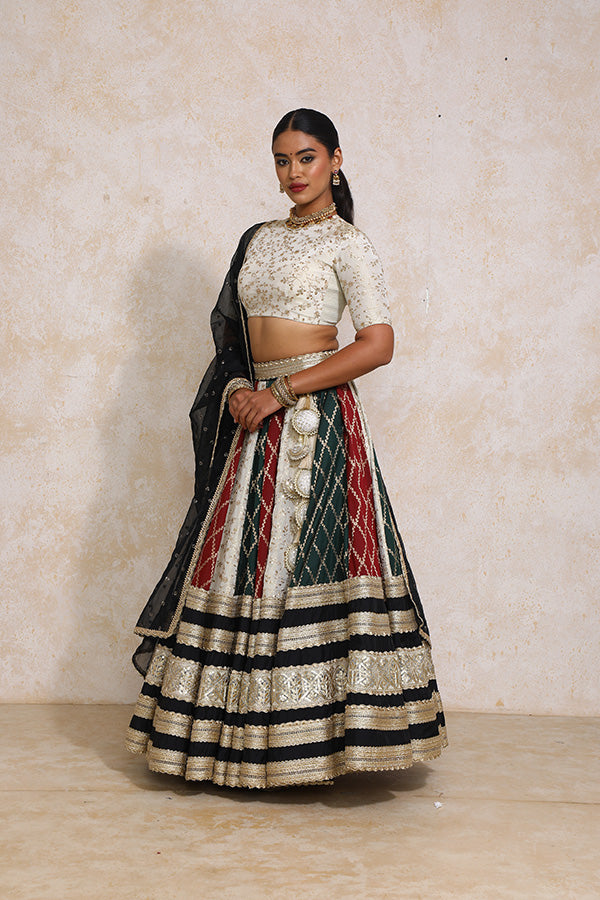 Radha x Tyohaar | Maroon & Black Vine Mesh Brocade FlareFit™ Lehenga Set with Dupatta-Binks
