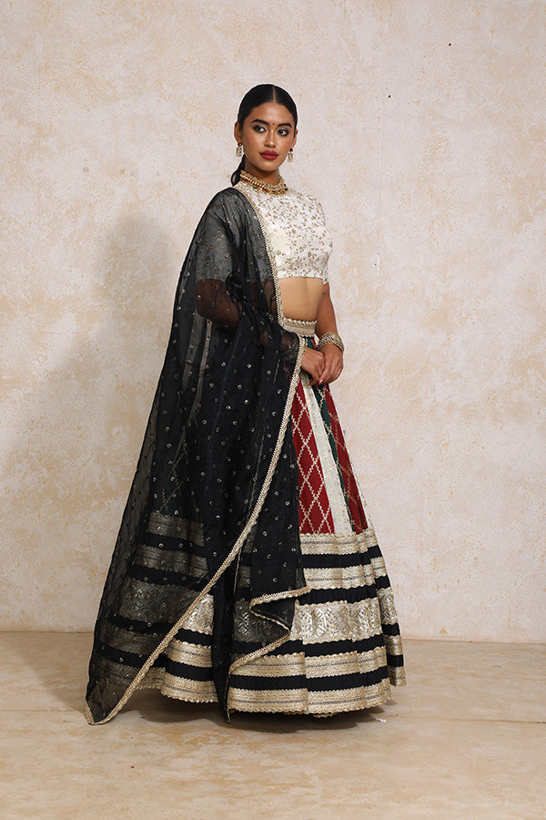Radha x Tyohaar | Maroon & Black Vine Mesh Brocade FlareFit™ Lehenga Set with Dupatta-Binks