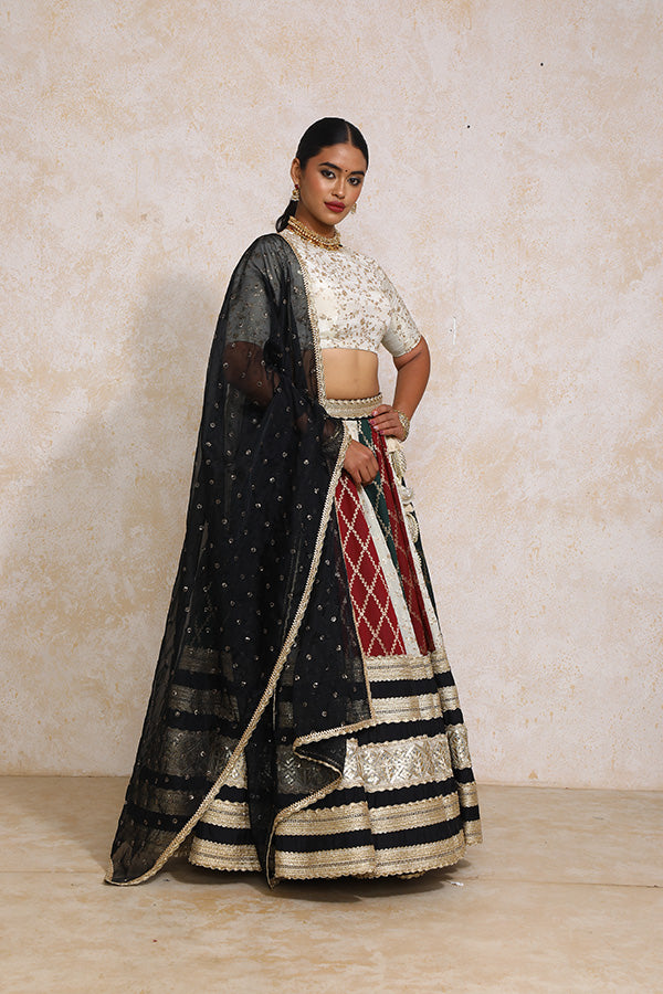 Radha x Tyohaar | Maroon & Black Vine Mesh Brocade FlareFit™ Lehenga Set with Dupatta-Binks