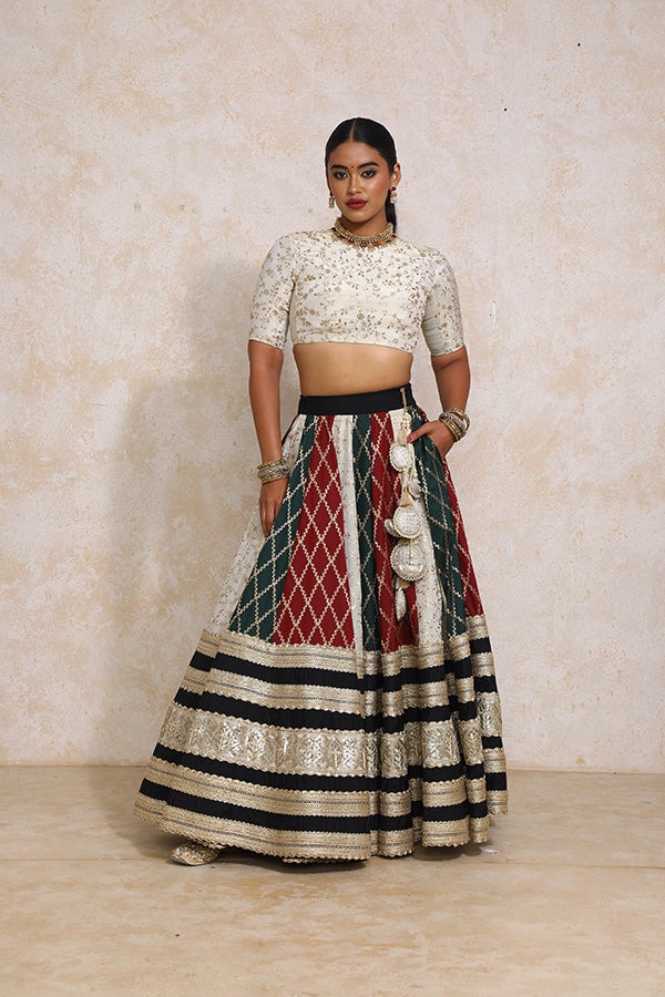 Radha x Tyohaar | Maroon & Black Vine Mesh Brocade FlareFit™ Lehenga Set with Dupatta-Binks