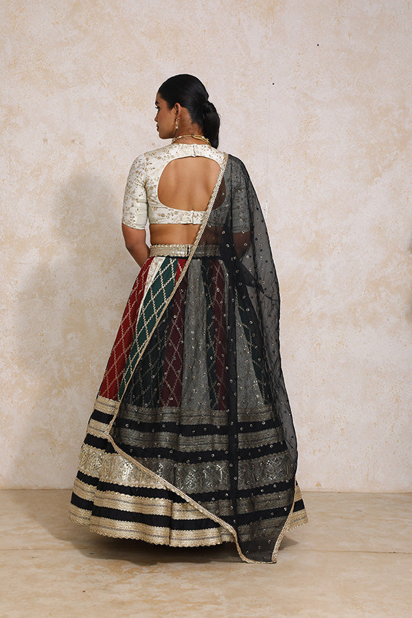Radha x Tyohaar | Maroon & Black Vine Mesh Brocade FlareFit™ Lehenga Set with Dupatta-Binks