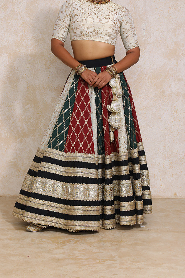 Radha x Tyohaar | Maroon & Black Vine Mesh Brocade FlareFit™ Lehenga Set with Dupatta-Binks