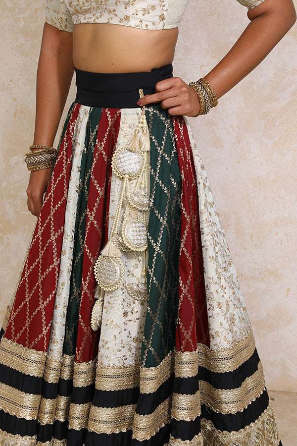 Radha x Tyohaar | Maroon & Black Vine Mesh Brocade FlareFit™ Lehenga Set with Dupatta-Binks