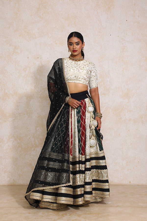 Radha x Tyohaar | Maroon & Black Vine Mesh Brocade FlareFit™ Lehenga Set with Dupatta-Binks
