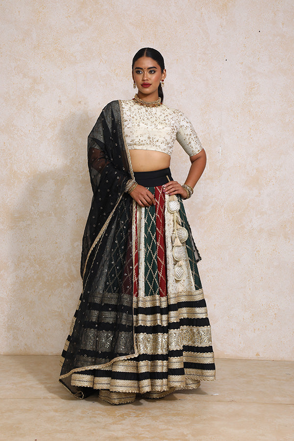 Radha x Tyohaar | Maroon & Black Vine Mesh Brocade FlareFit™ Lehenga Set with Dupatta-Binks
