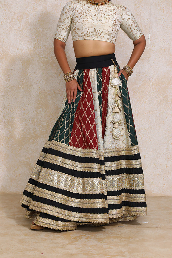 Radha x Tyohaar | Maroon & Black Vine Mesh Brocade FlareFit™ Lehenga Set with Dupatta-Binks