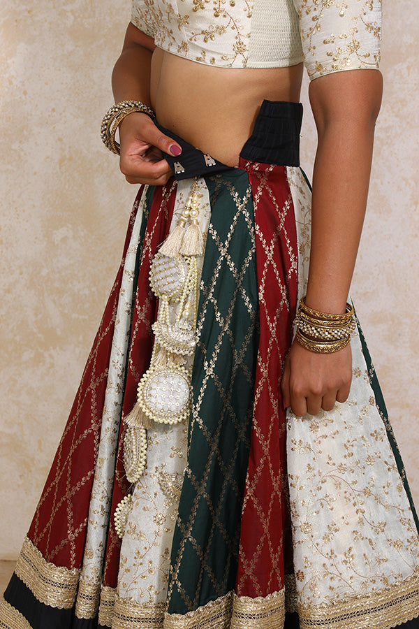 Radha x Tyohaar | Maroon & Black Vine Mesh Brocade FlareFit™ Lehenga Set with Dupatta-Binks
