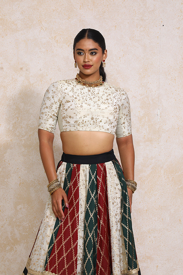Radha x Tyohaar | Maroon & Black Vine Mesh Brocade FlareFit™ Lehenga Set with Dupatta-Binks