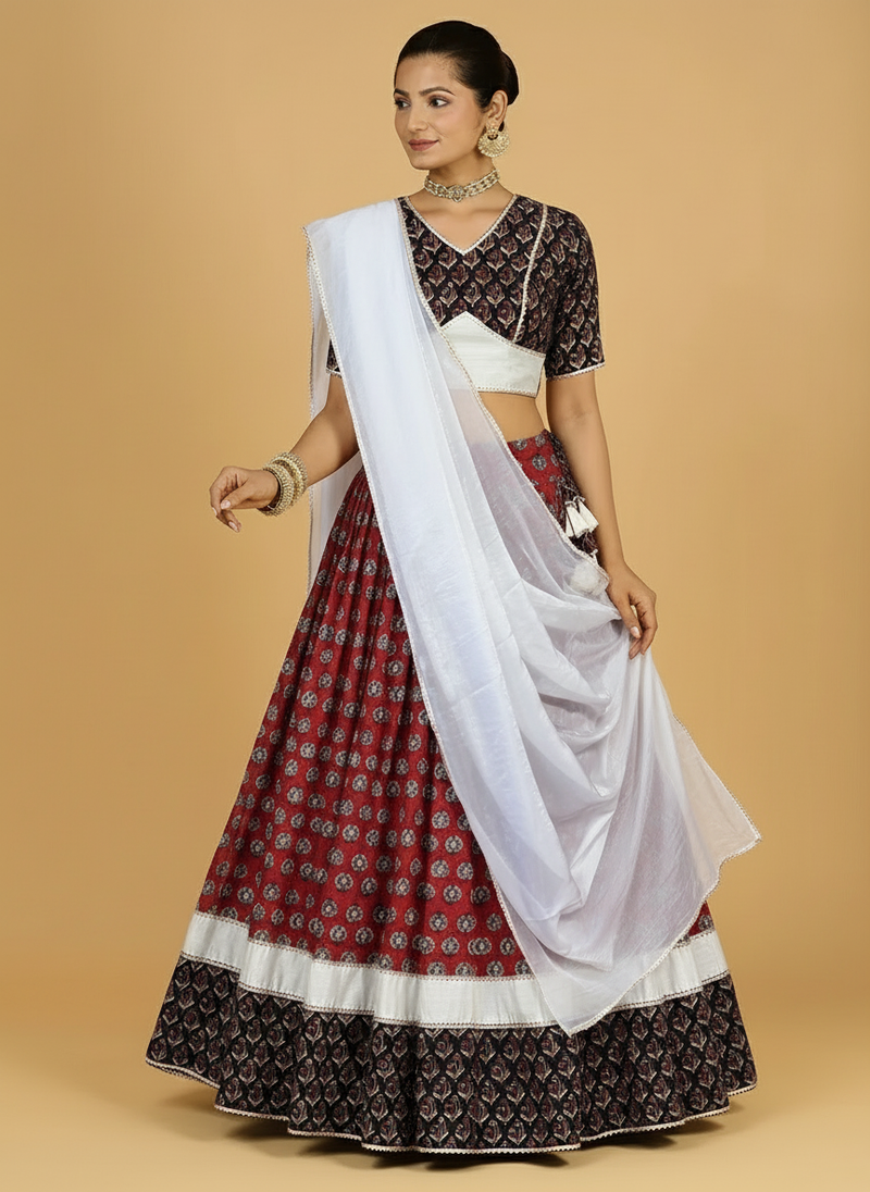 Roopesh x Tyohaar | Red & Black Navratri Handblock Printed Lehenga Set-Binks