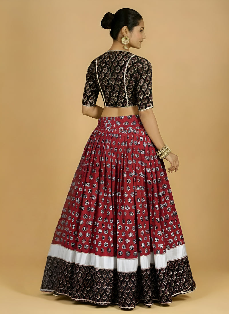 Roopesh x Tyohaar | Red & Black Navratri Handblock Printed Lehenga Set-Binks