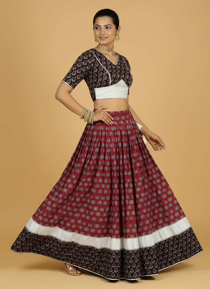 Roopesh x Tyohaar | Red & Black Navratri Handblock Printed Lehenga Set-Binks