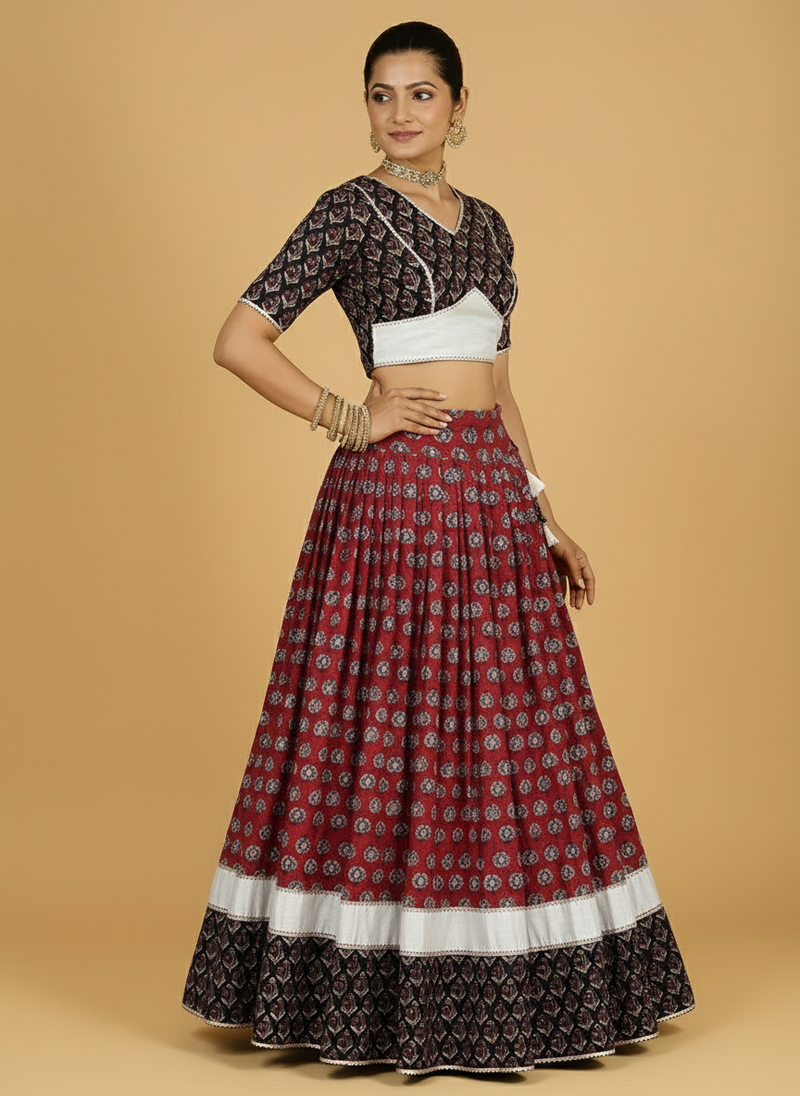 Roopesh x Tyohaar | Red & Black Navratri Handblock Printed Lehenga Set-Binks
